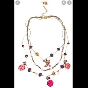 Betsey Johnson Gold Color Rose Bow Heart Pearl Layer Bird Sparrow Pinup Necklace